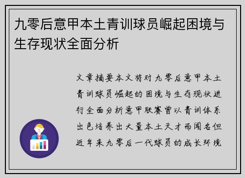 九零后意甲本土青训球员崛起困境与生存现状全面分析