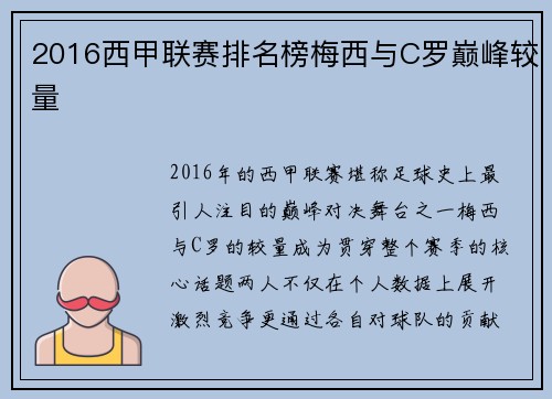 2016西甲联赛排名榜梅西与C罗巅峰较量