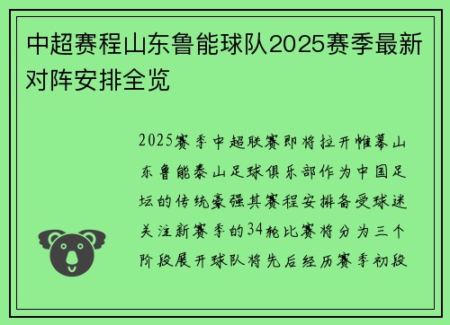 中超赛程山东鲁能球队2025赛季最新对阵安排全览